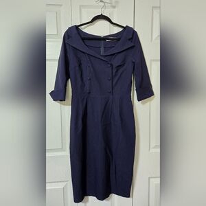 Navy Blue Dress, Size XL, Stretch Fabric, Faux Button Front, Excellent Condition